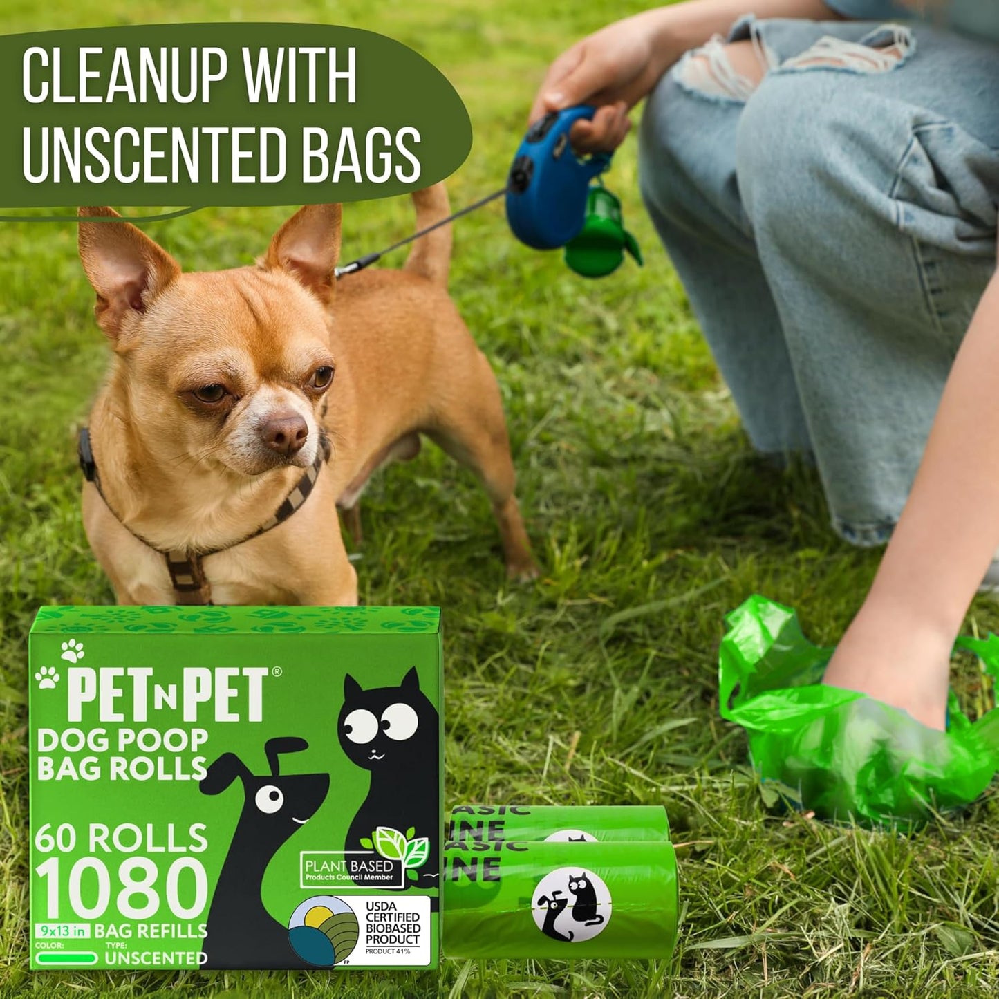Dog Poop Bags - USDA Certified 41% Plant-Based Doggy Poop Bags - Leak-Proof Sac Caca Chien Refill Rolls (1080 Count, Unscented, Green)