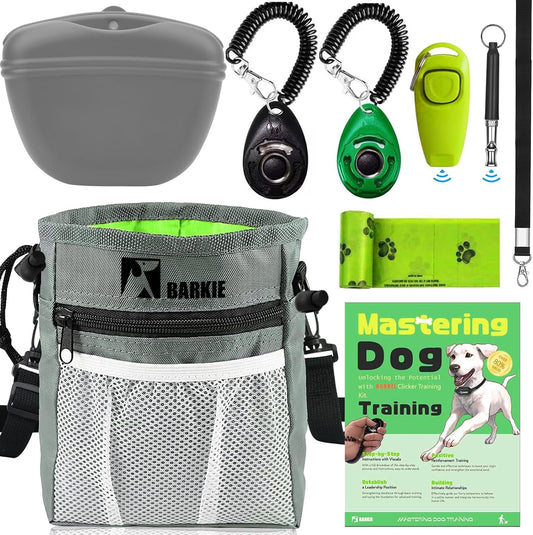 Dog Training Kit - Treat Pouch, Pet Training Fanny Pack, 2 Puppy Training Clickers, Ultrasonic Silent Whistle, 2-In-1 Whistle Clicker, Clicker Training Guide Booklet, Dog Poop Bag (Grey)