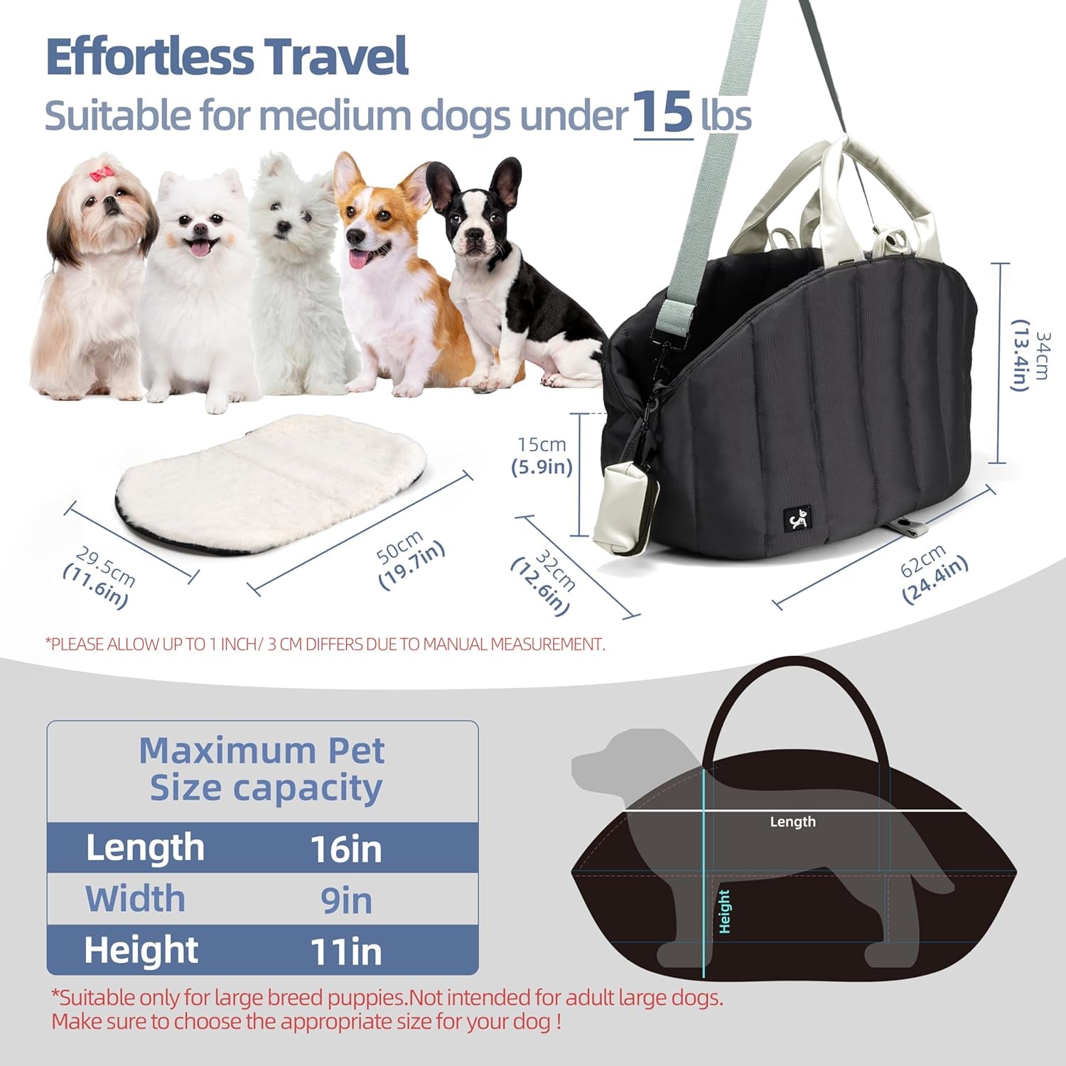 Dog Carrier for Medium Dogs, Travel Purse for Dogs up to 15 Lbs with Poop Bag Holder, Dog Collar Clip, Double-Sided Pad, Adjustable Leash, Waterproof Washable Bag, Monet Grey