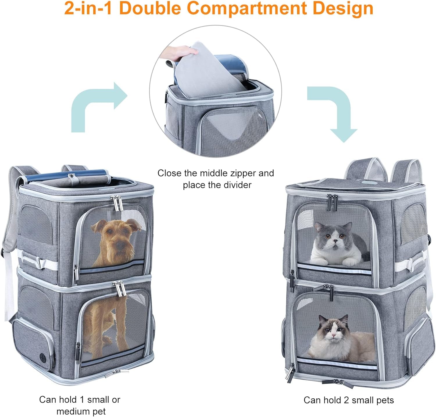 Double Cat Carrier for 2 Cats,Dog Backpack Carrier for Medium Dogs,Double Compartment Pet Carrier Backpack for Dual Pets,For Outdoor Traveling/Stroll and Picnic