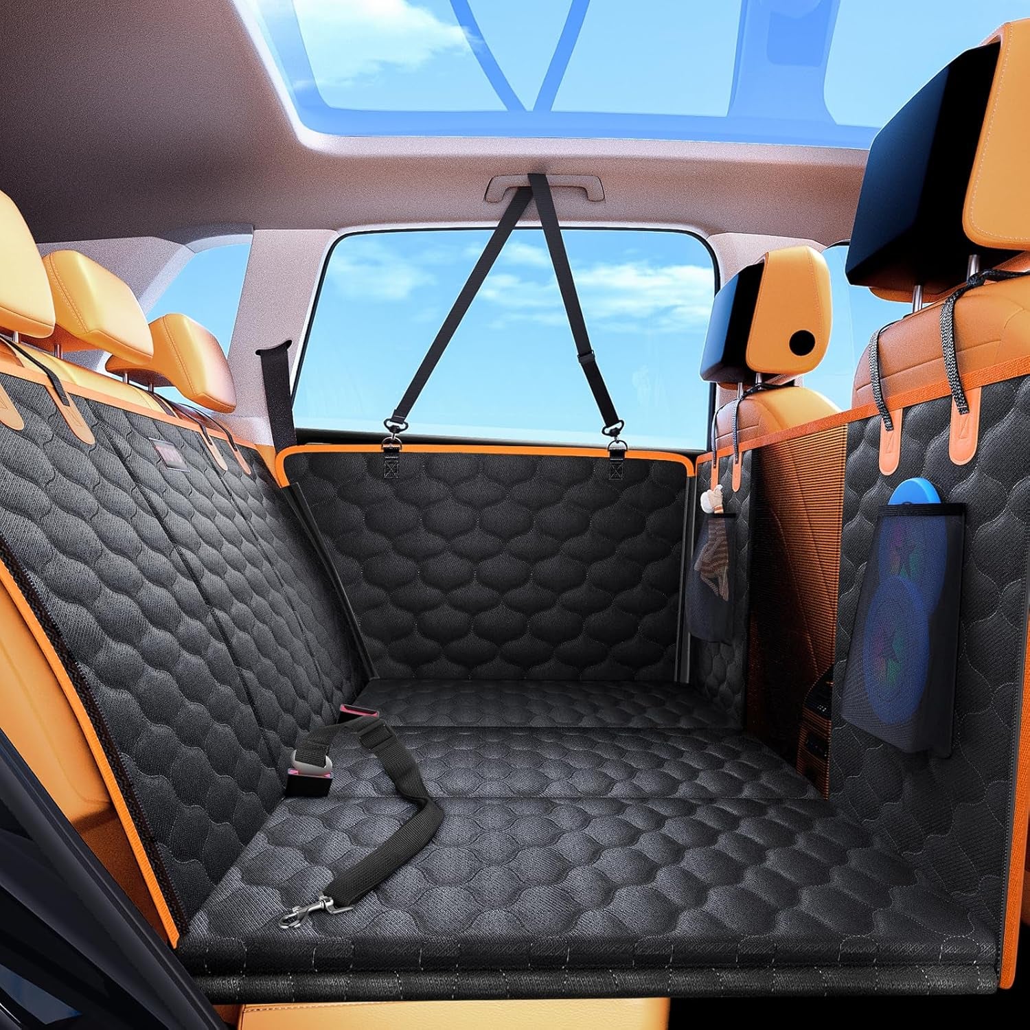 Back Seat Extender for Dogs, Car Seat Cover Back Seat Hard Bottom for Full Size SUV Small Truck, Dog Hammock with Mesh Window for Travel (Orange, for Cars/Suv/Small Truck)