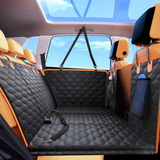 Back Seat Extender for Dogs, Car Seat Cover Back Seat Hard Bottom for Full Size SUV Small Truck, Dog Hammock with Mesh Window for Travel (Orange, for Cars/Suv/Small Truck)