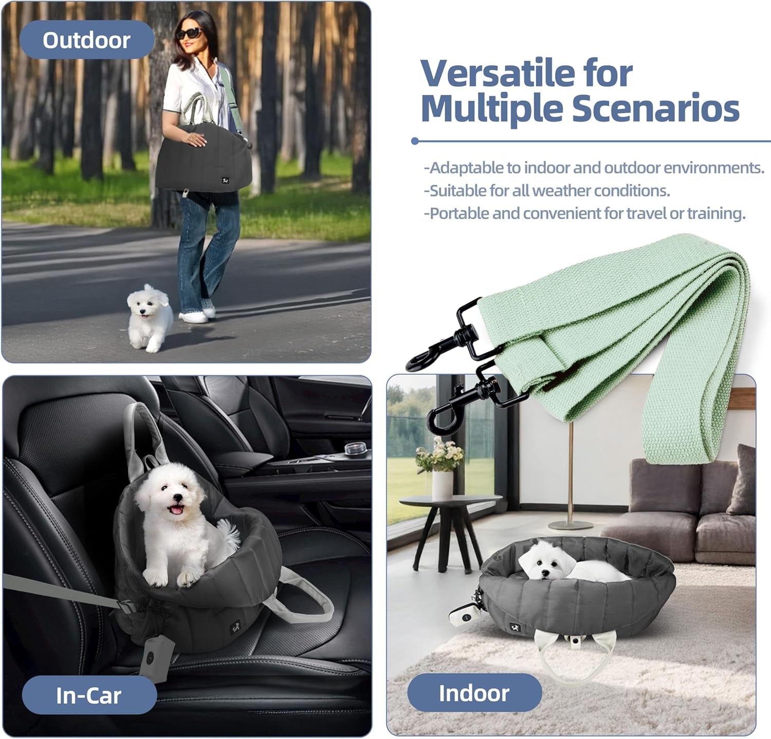 Dog Carrier for Medium Dogs, Travel Purse for Dogs up to 15 Lbs with Poop Bag Holder, Dog Collar Clip, Double-Sided Pad, Adjustable Leash, Waterproof Washable Bag, Monet Grey