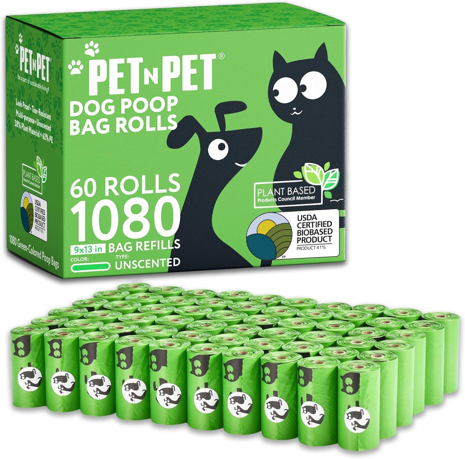 Dog Poop Bags - USDA Certified 41% Plant-Based Doggy Poop Bags - Leak-Proof Sac Caca Chien Refill Rolls (1080 Count, Unscented, Green)