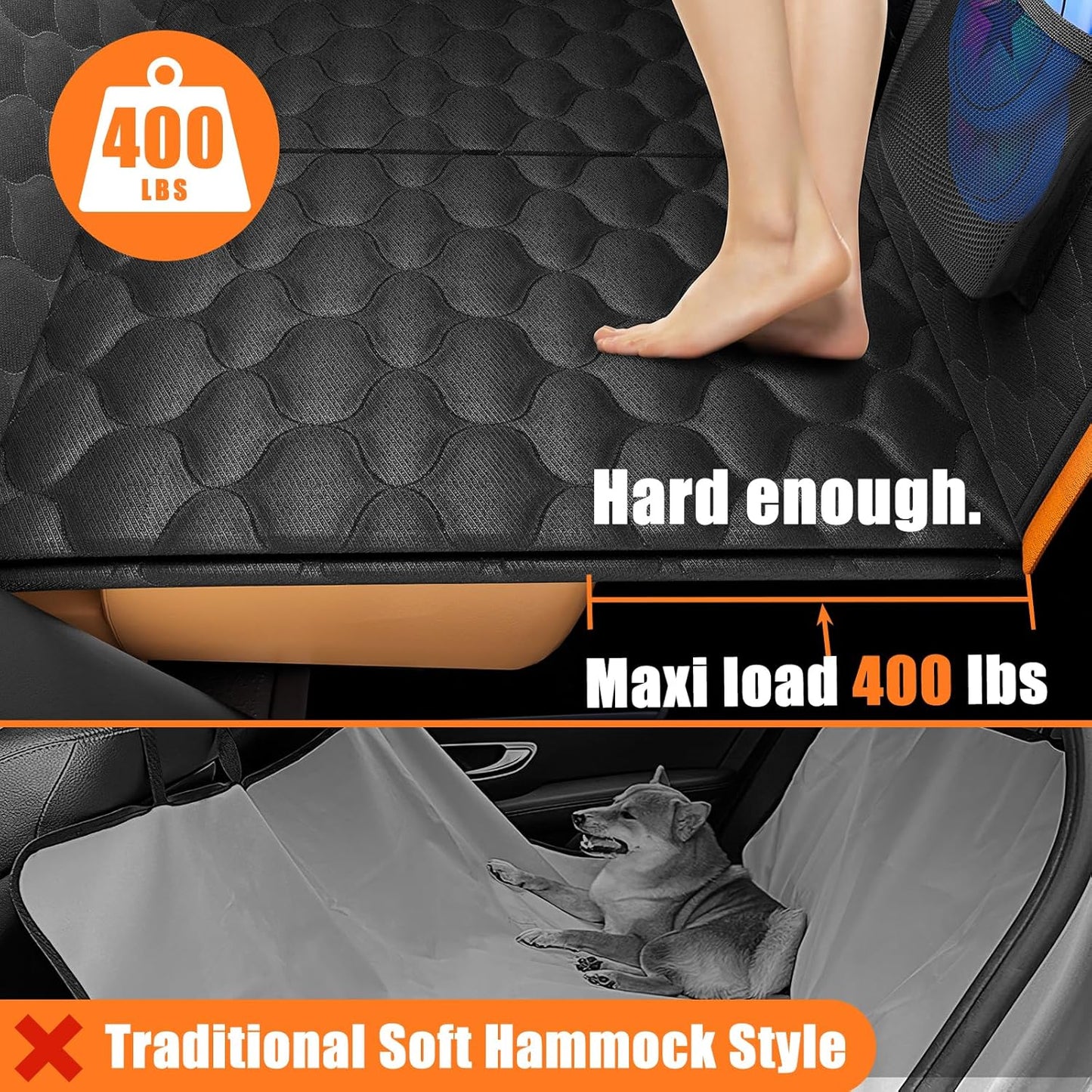 Back Seat Extender for Dogs, Car Seat Cover Back Seat Hard Bottom for Full Size SUV Small Truck, Dog Hammock with Mesh Window for Travel (Orange, for Cars/Suv/Small Truck)
