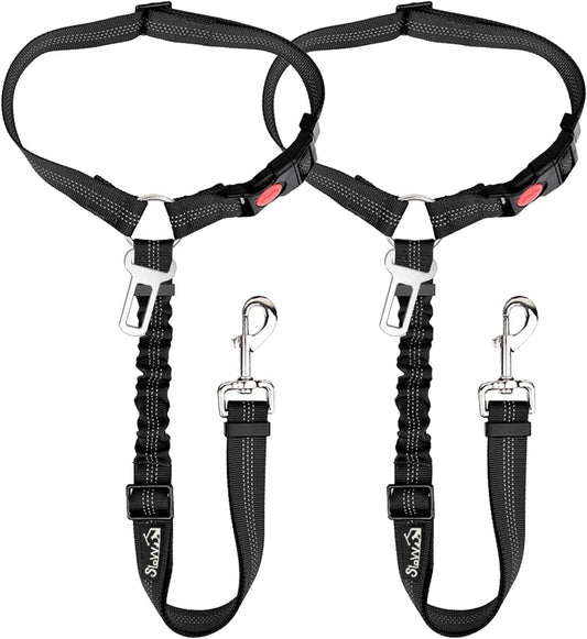 Dog Seat Belt for Car, 2 Pack Dog Car Harness Seatbelt Adjustable with Elastic Bungee Buffer, 2 in 1 Pet Car Leash Headrest Restraint Dog Reflective Safety Tether (Black, Headrest+Clip).