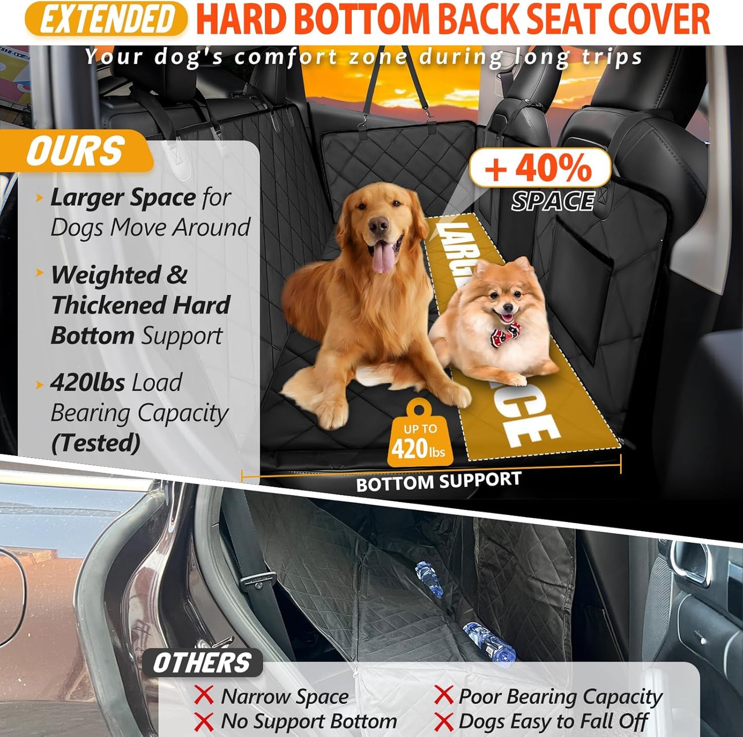 Back Seat Extender for Dogs-Large Space, Dog Car Seat Cover Hard Bottom Holds 400Lbs, Sturdy Backseat Extender for Dogs, Waterproof Dog Hammock for Car Dog Car Bed for Car, SUV, Truck Black.